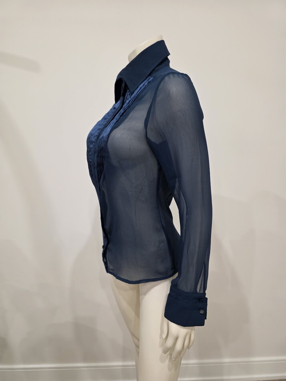 Rare Kor@Kor Sheer Dark Turquoise Satin Pleated Bib Button Down Blouse - Picture 13 of 14